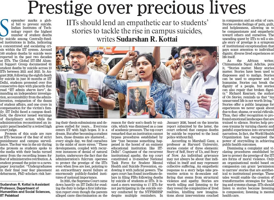A printed newspaper opinion piece titled "Prestige over precious lives" with the subtitle "IITs should lend an empathetic ear to students' stories to tackle the rise in campus suicides, writes Sudarshan R. Kottai." The layout features three columns of text surrounding a central color photograph showing a dense crowd of students actively protesting outdoors. An author bio at the bottom left identifies Sudarshan R. Kottai as an Assistant Professor at IIT Palakkad.
